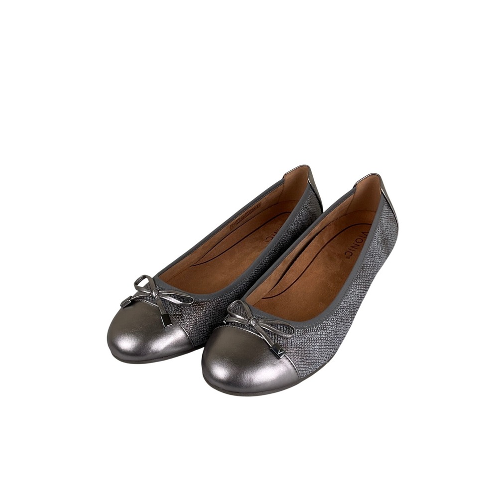 Vionic Minna Ballet Flat Women 10 Pewter Metallic Snakeskin Leather Bow Orthotic